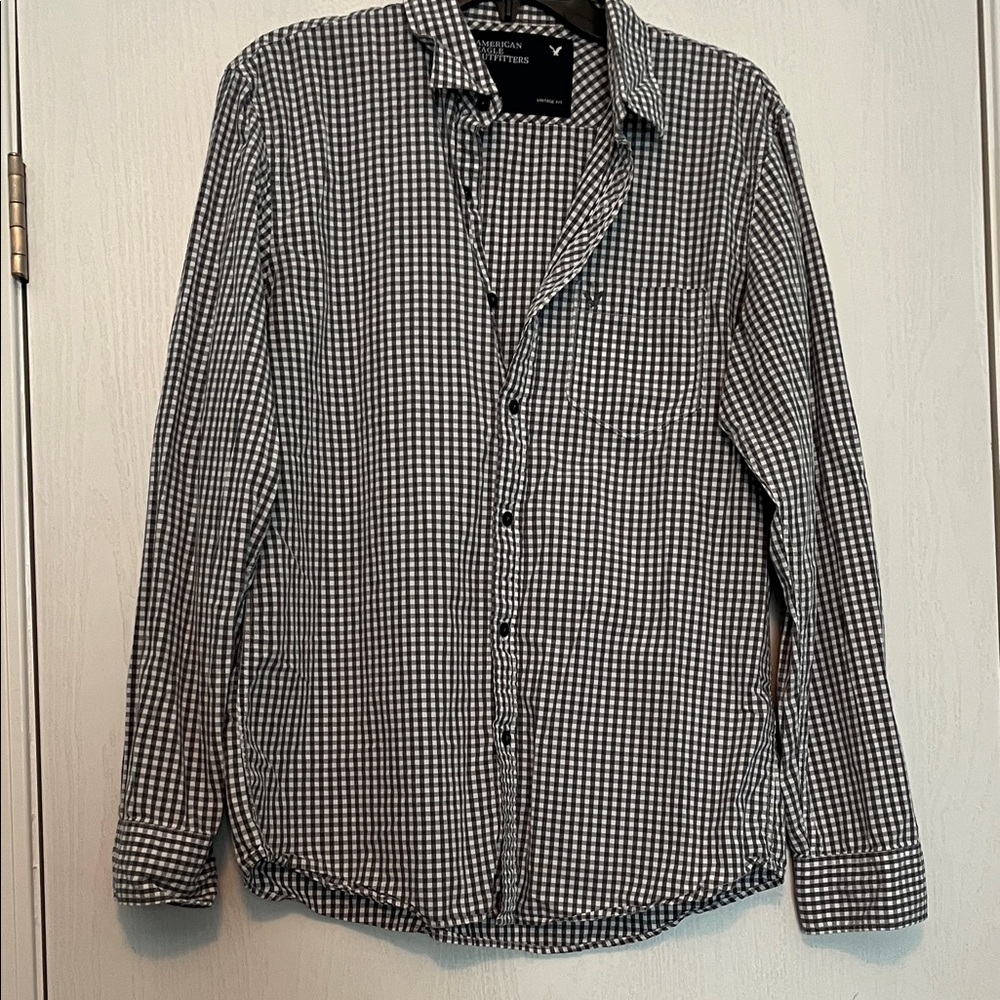 American Eagle Outfitters Gray and White Gingham Shirt